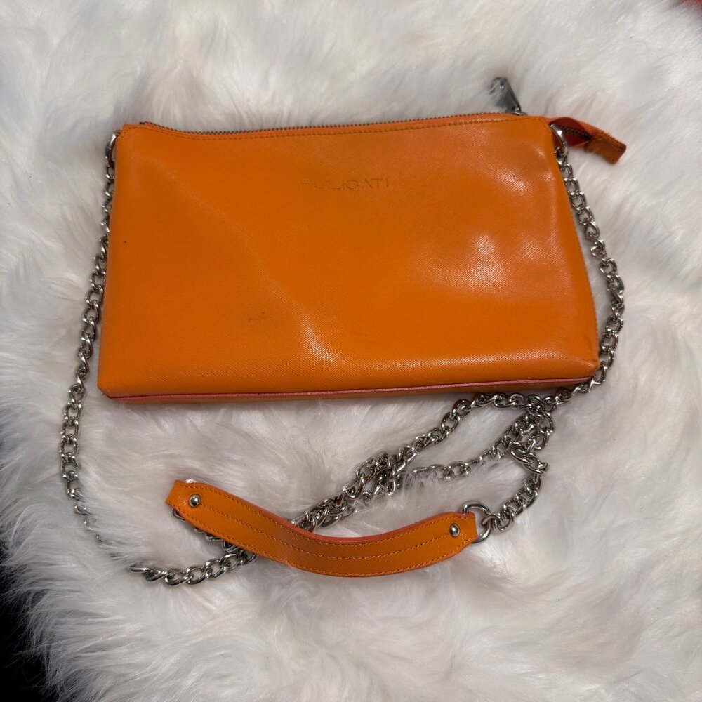 Women Pulicati leather saphiano orange crossbody  bag with golden chain